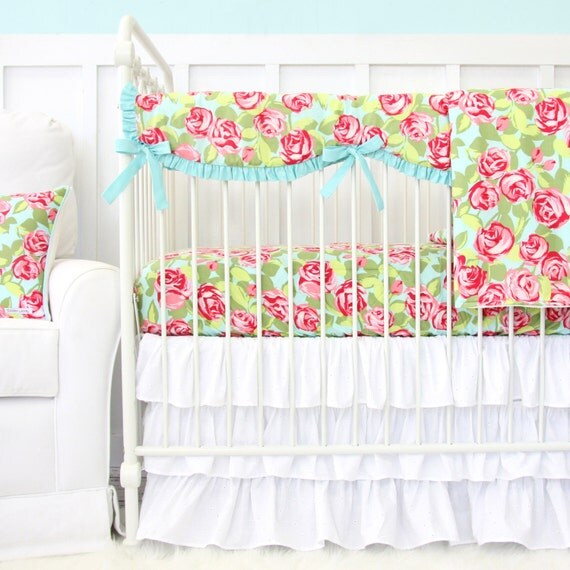 Funky Rose with White Eyelet Ruffle Bumperless Crib Bedding