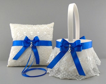 Royal Blue Wedding Bridal Flower Girl Basket and Ring Bearer Pillow Set on Ivory or White ~ Double Loop Bow & Hearts Charm ~ Allison Line