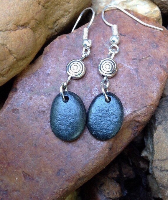Lake Superior Basalt stone earrings with silver spiral beads
