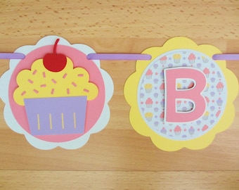 Cupcake Birthday Party Shower Banner Sign Garland Pink Purple Yellow