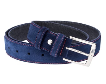 Suede leather belt RED STITCH Men's belts Navy dress suit trousers Top Quality Sizes 32" - 40"