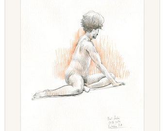 Male Nude pencil drawing ORIGINAL Male nude studies - orange tobacco black 11,5" x 16,5" nude pencil drawing by Catalina.