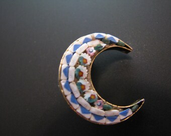 Lovely Vintage Italian Micro Mosaic Moon Brooch