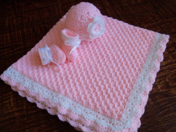 Knit/Crochet Personalized Baby Blanket Hat and Booties 36x35