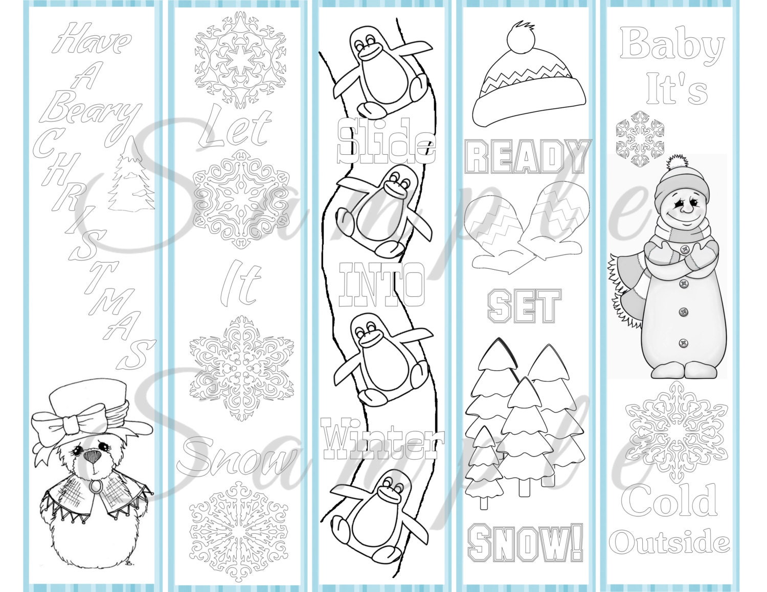 Winter Coloring Bookmarks Bear Snowman Party Favor Reading