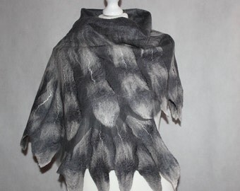 Nuno Felted Scarf Gray Owl Wings Shawl Felt merino wool silk chiffon art wrap cape CUSTOM ORDER