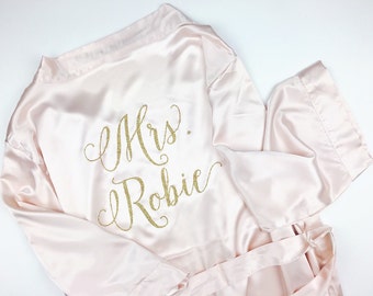 Bride Robe - Wedding Day Robe - Glitter Bridal Robe - Bride Satin - Bridal Lingerie Shower Gift - Bridesmaid Robe -Blush Robe