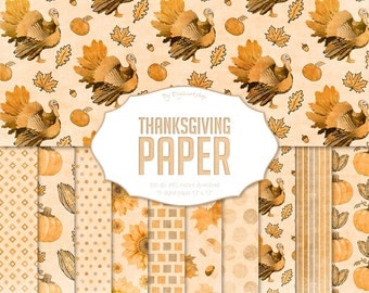 Thanksgiving Digital Paper "Thanksgiving Paper" watercolor paper pack in autumn colors, fall patterns with pumpkin, turkey, autumn leaves