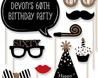 60th Birthday - Gold Party Photo Booth Props - Adult Birthday Party Photobooth Kit with Custom Talk Bubble - 20 Pieces