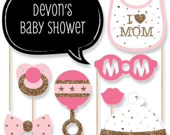 20 Girl Baby Shower Photo Booth Props - Hello Little One - Pink and Gold - Kit with Mustache, Hat, Bow Tie, Glasses and Custom Talk Bubble