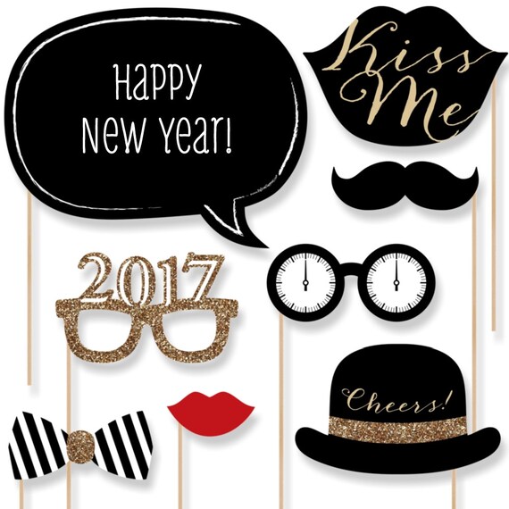 New Year's Eve Photo Booth Props - Gold Photobooth Kit with Custom Talk ...