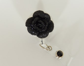 Black Rose Badge Reel, Rose Retractable Badge Holder, Flower ID Badge Reel, Nurse Gift, Designed ID Holder- BottleCapsGaloreNMor