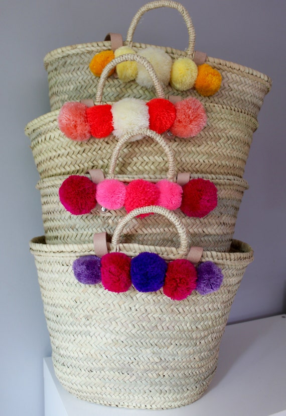 Pom-pom basket beach bag straw bag with by TheAtelierUnique