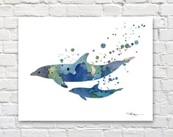 Blue Dolphins Art Print - Abstract Watercolor Painting - Wall Decor