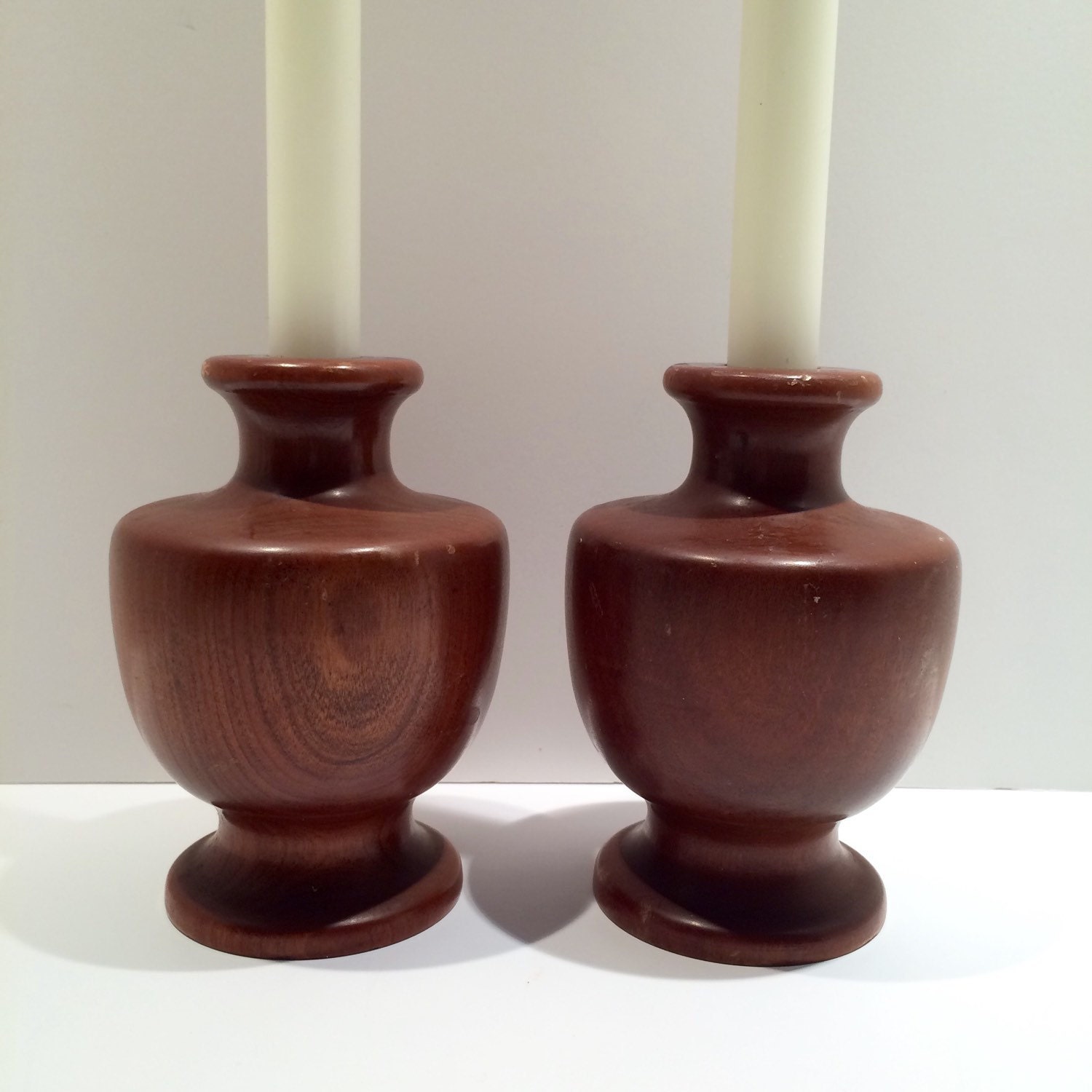 Mid Century Solid Wood Stickley Candle Holders. Pair of Urn