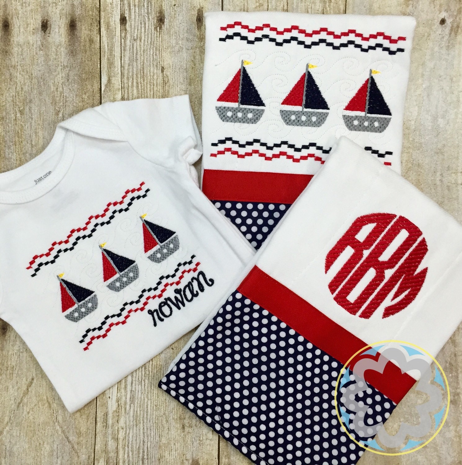 Nautical Baby Gift Set Personalized Bodysuit and 2 Burp