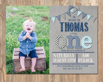 First Birthday Invitation, Boy's 1st Party Invite, Rustic, Gray, Printable, Navy Blue, Grey, Banner, Baby, Vintage, Invitations Invites Boy
