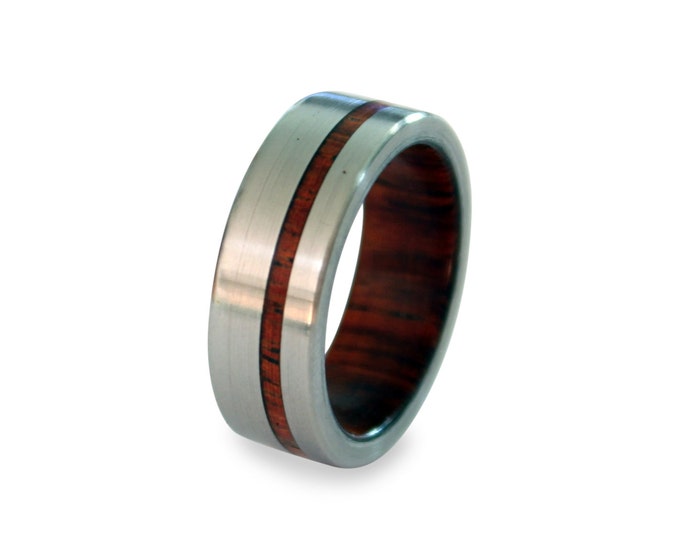 Titanium ring for men with mahogany wood inner and inlay