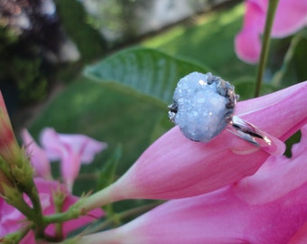 Druzy Agate With Pyrite Silver Ring/Blue Druzy/Modern Boho/Crushed Pyrite/