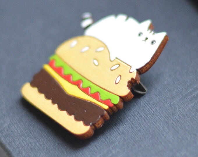 Hotshot Cat and a Big Mac // Wooden brooch is covered with ECO paint // Laser Cut // 2016 Best Trends // Fresh Gifts // Swag Style // ECO //