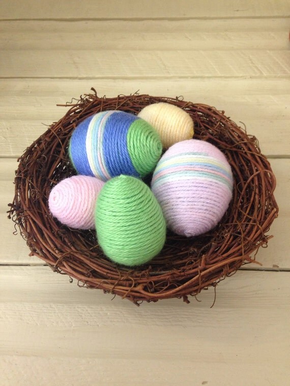 Set of 5 Colorful Yarn Covered Easter Eggs in Nest by Not2Shabbee
