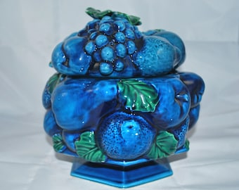 Inarco Cookie Jar Blue Mood , Blue Fruits and Green Foliage Japan Inarco
