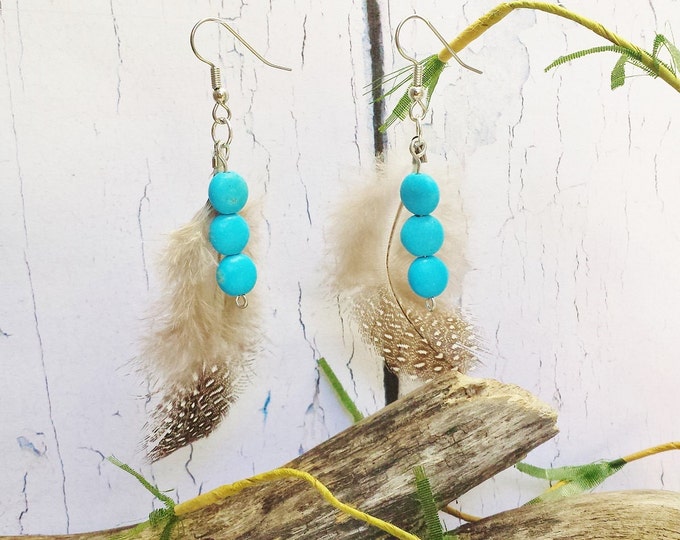 Feather Earrings ~ Cree Metis Canadian Aboriginal Real Blue Turquoise Pow Wow Regalia ~ Christmas In July 2016 Women Gift ~ Bijoux Ethniques