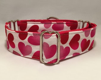 1.5 inch Martingale Collar, Valentine Red Pink Hearts with White Fabric Martingale Collar, Greyhound Dog Martingale Collar
