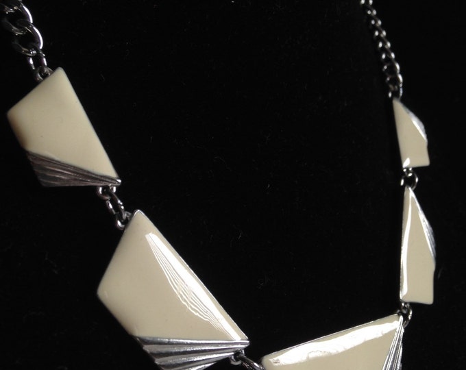 Storewide 25% Off SALE Vintage Silver Tone Geometric Enamel Set Designer Necklace Featuring Classic Mid Century Design