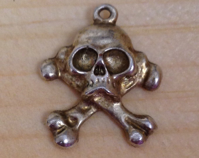 Storewide 25% Off SALE Vintage Silver Tone Scull & Crossbones Gold Washed Designer Bracelet Charm Featuring Eclectic Medieval Style Design