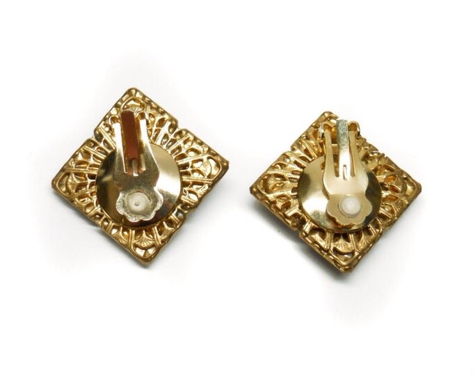 Storewide 25% Off SALE Exquisite Vintage Gold Washed Square Designer Rhinestone Earrings Featuring Unique Mirrored Design