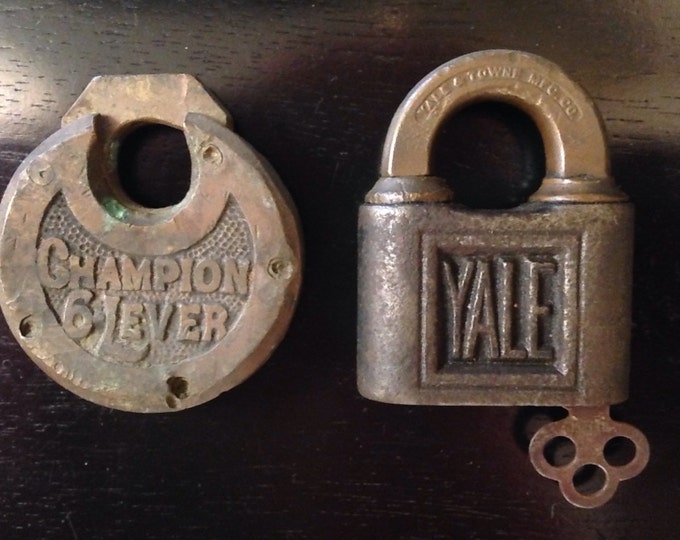 Storewide 25% Off SALE Very Old Antique Pair of YALE & Champion 6 Lever Padlocks Featuring all Original Detail Work and Skeleton Key