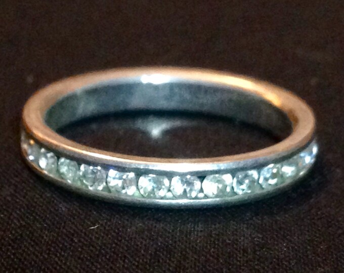 Storewide 25% Off SALE Vintage Platinum Silver Tone Clear Rhinestone Eternity Cocktail Ring Featuring Diamond Style Channel Setting With Sle