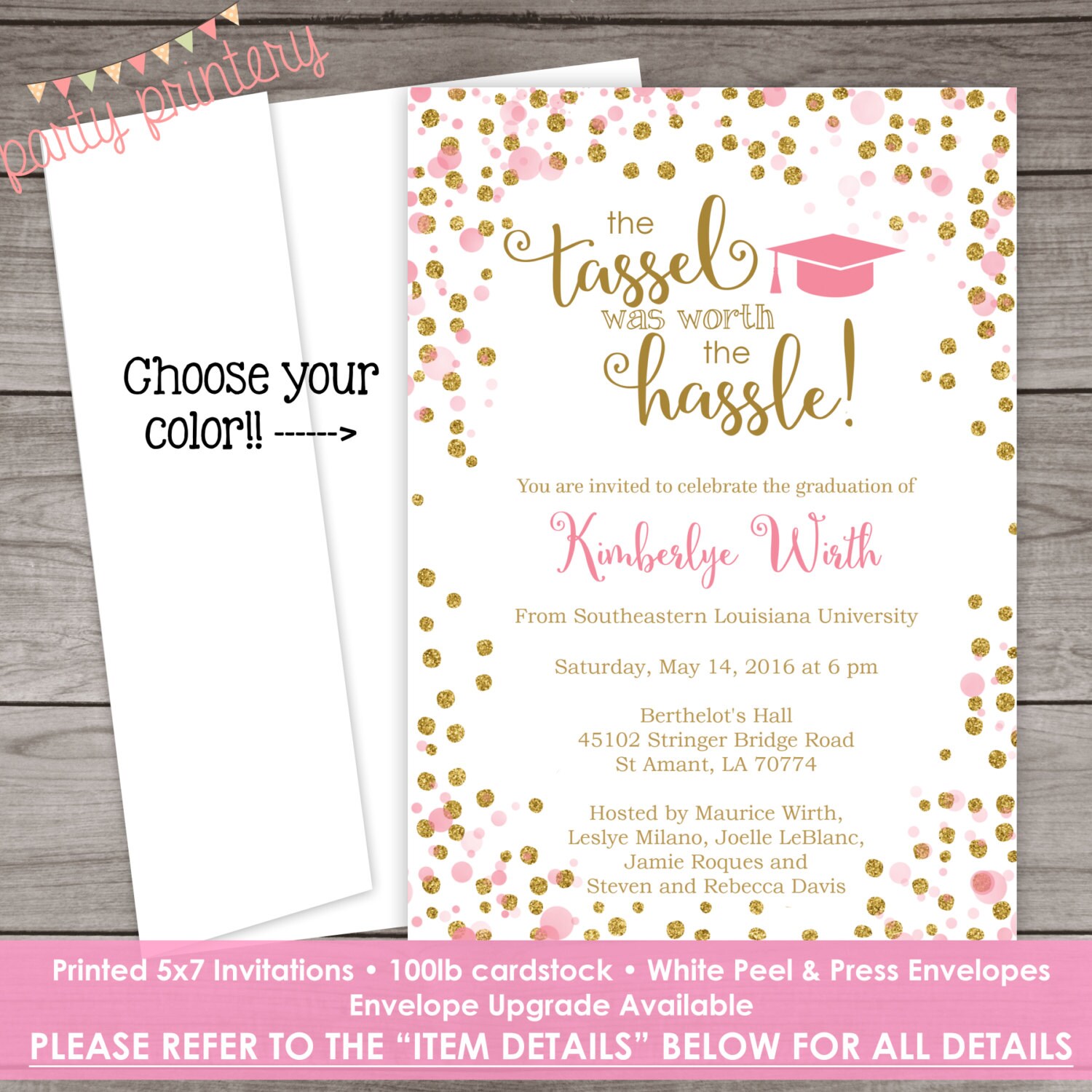 PRINTED Graduation Invitation Pink and Gold by PartyPrintery