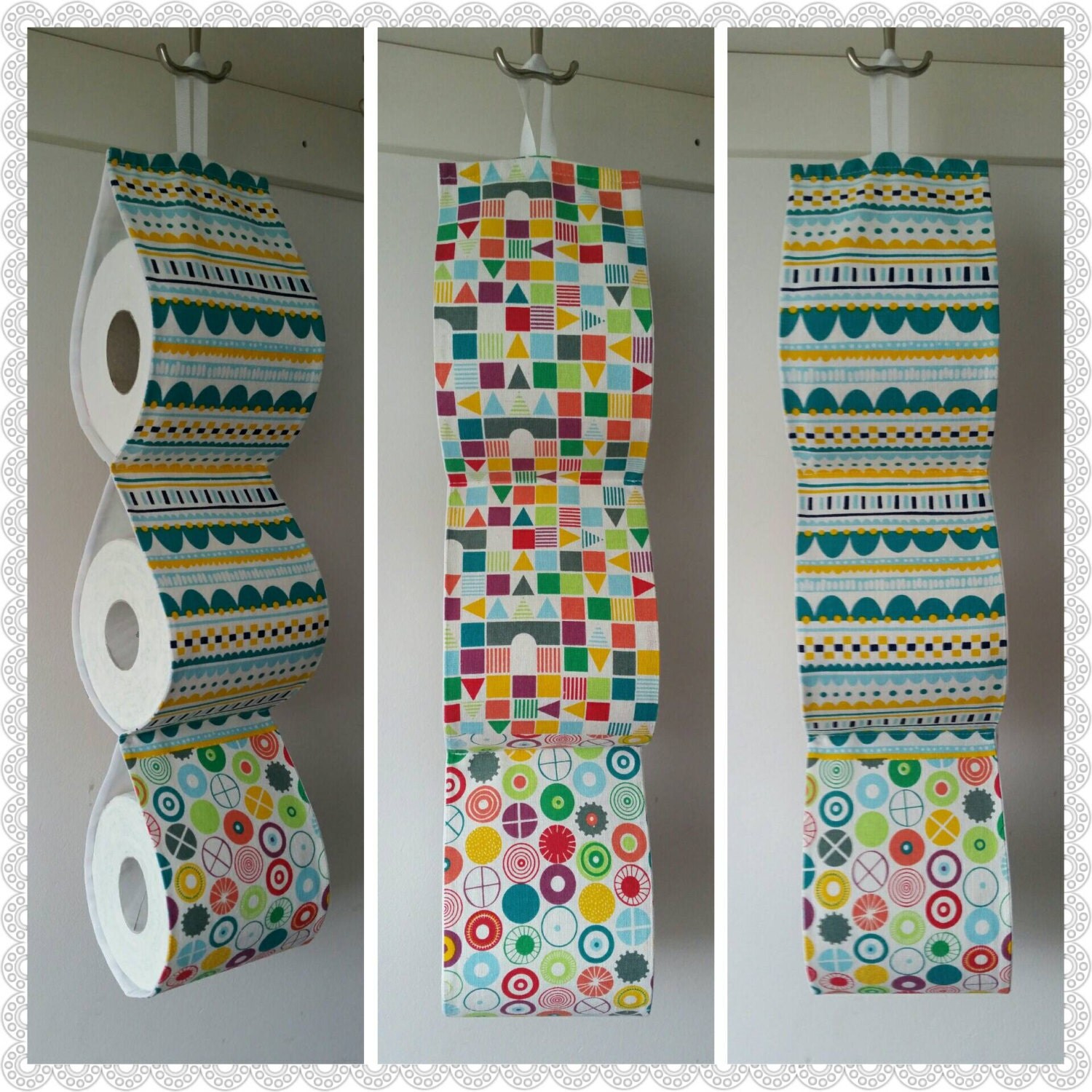 Fabric Toilet Roll Holder/ multi coloured / holds 3 rolls/