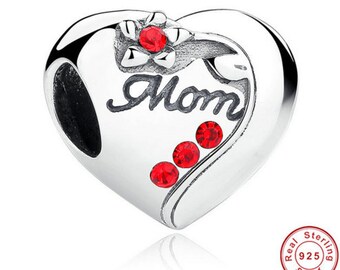 Authentic 925 Sterling Silver MOM Red Heart Charms fit Original PANDORA Bracelet ,Pandora Charm, First Anniversary Gift for Her, Woman Gift