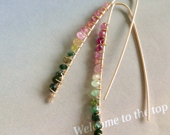 Minimalist Watermelon Tourmaline Earrings - gold filled earrings, gold earring, leaf shaped earrings, hoop earrings, natural gemstone