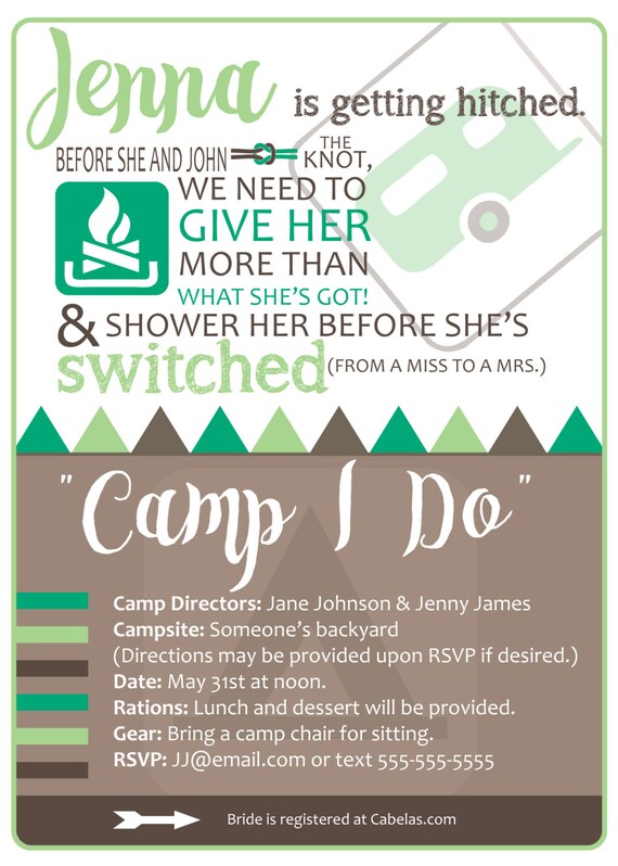 Camping theme custom bridal shower invitation.