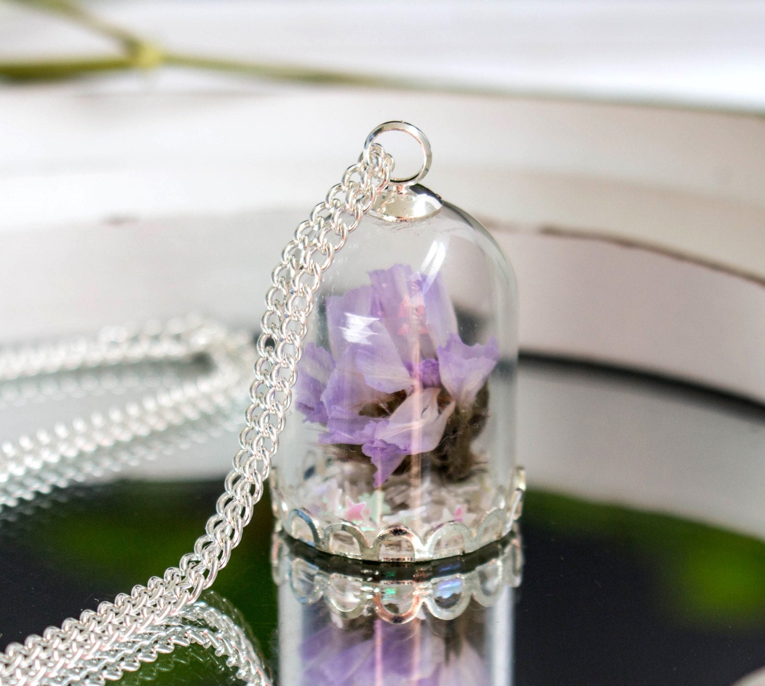 Necklace Real Flower Blown glass ball with dried lilac