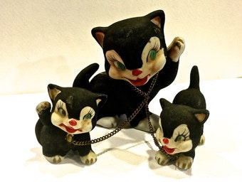 Clearance Sale, Cat Figurine, Ceramic, Cat and Kittens, Chain Leash, Flocked, Black and White, Collectible, Made in Japan, Circa 1950s