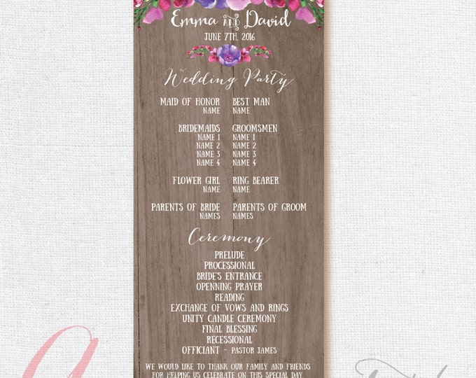 Wood Wedding Program, Rustic Wedding program. Weeding DIY, rustic,floral. Wood Printable wedding program