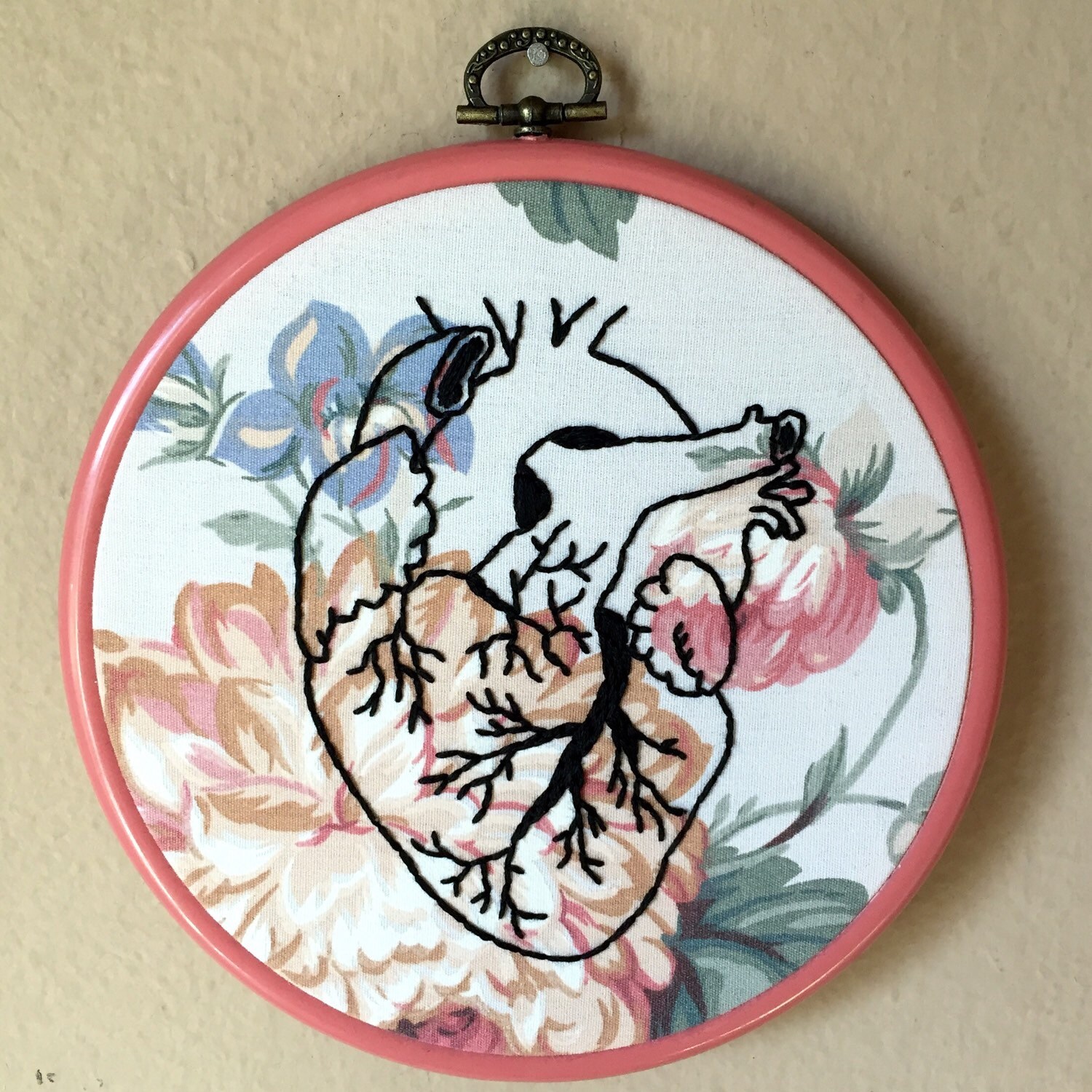 Anatomical human heart hand embroidered on floral fabric set