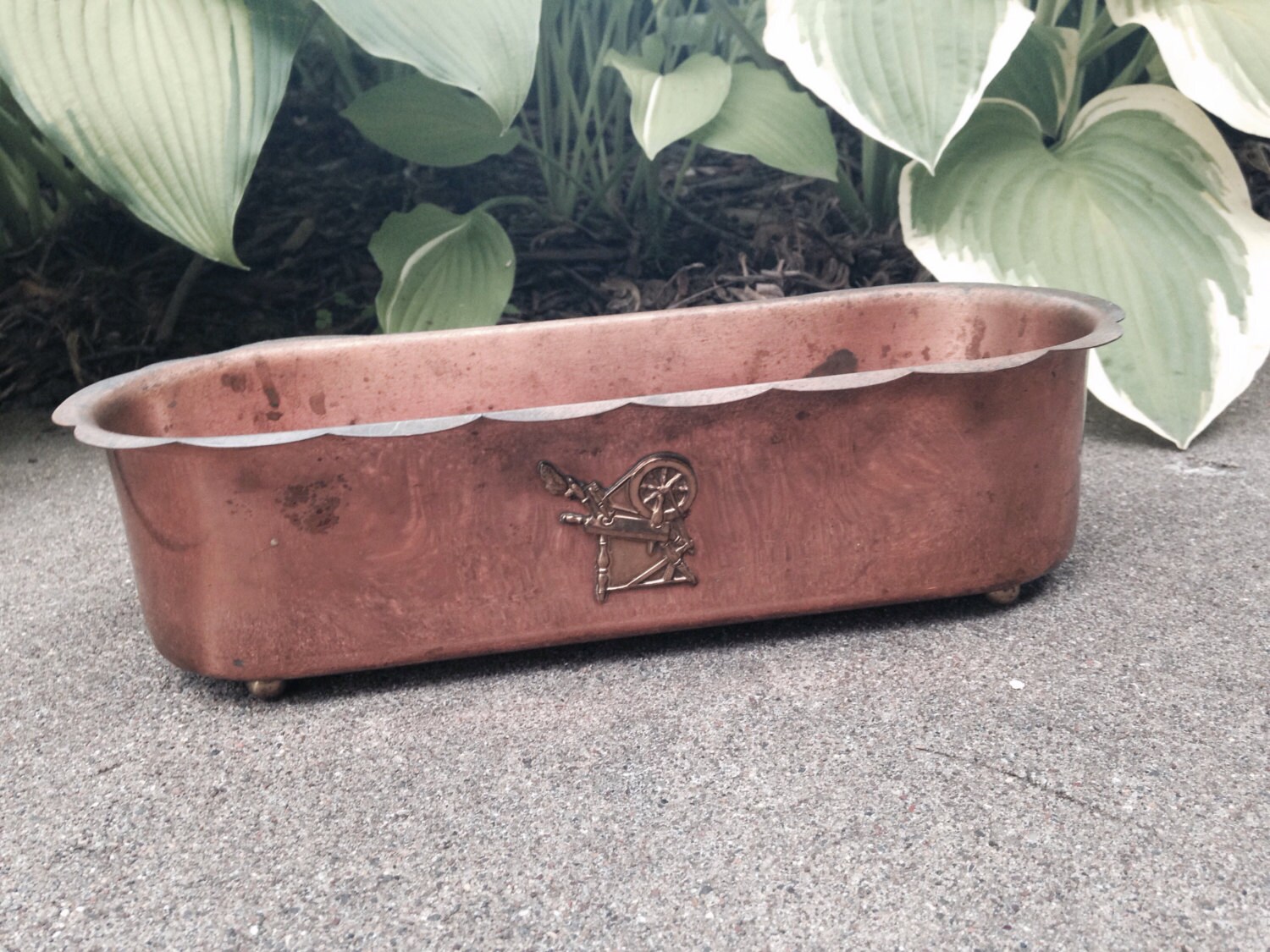 Vintage Copper Oval Planter with Spinning Wheel Copper