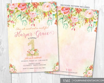 Watercolor Flower 1st Birthday Invitation • Whimsical Floral First Birthday Invite • Glitter Girl Invitation Printable • Spring Summer