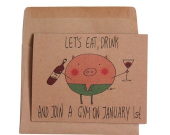 funny New Years card/ happy new year card/ cute holidays card/ funny christmas cards/ pig Christmas card