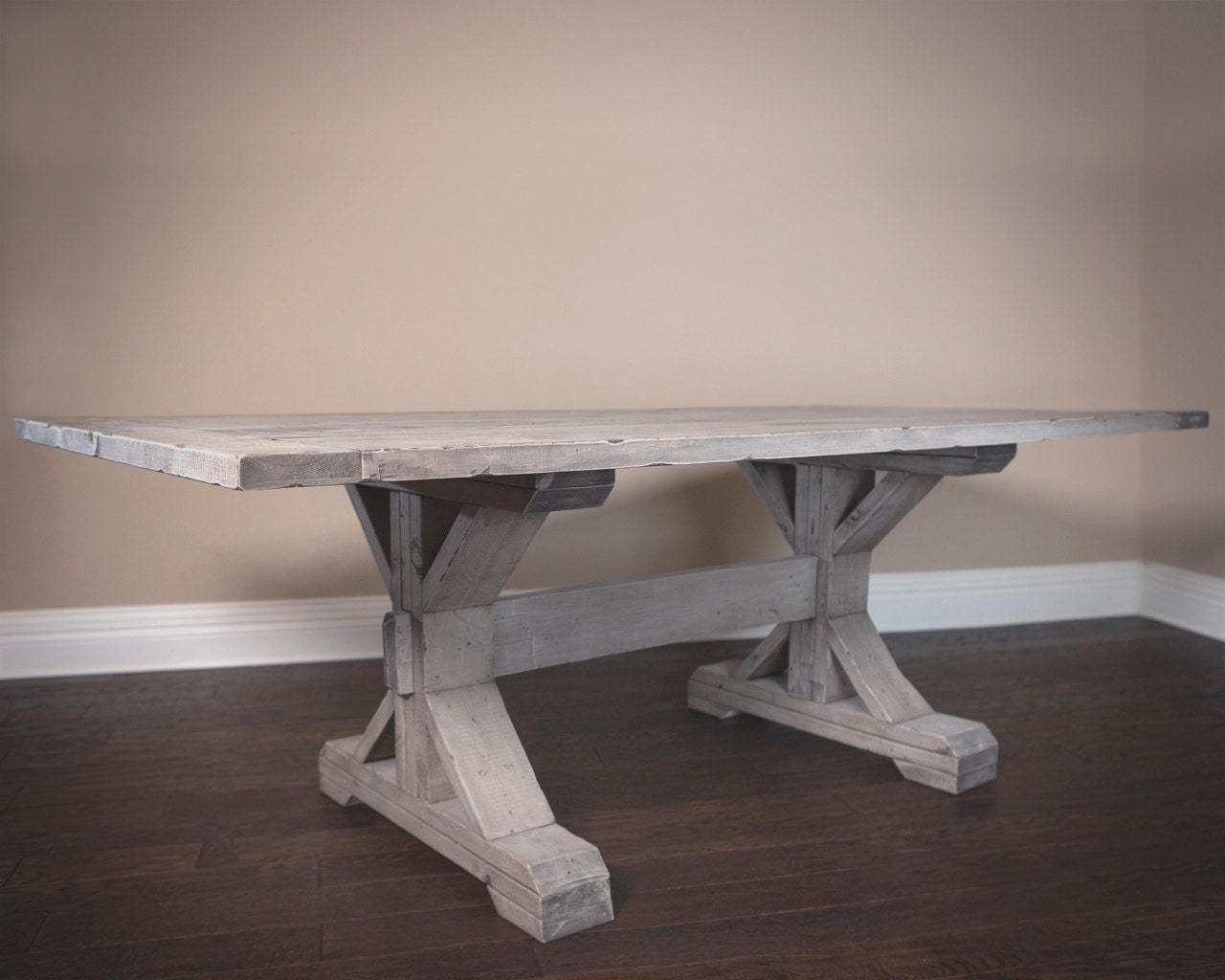 Solid Wood XBase Trestle Table in Salvaged Gray