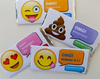 Emoji Party Candy Bar Wrappers with Hershey bar-smiley face emoji candy, poop emoji candy, kids emoji party, text party, kids emoji favor