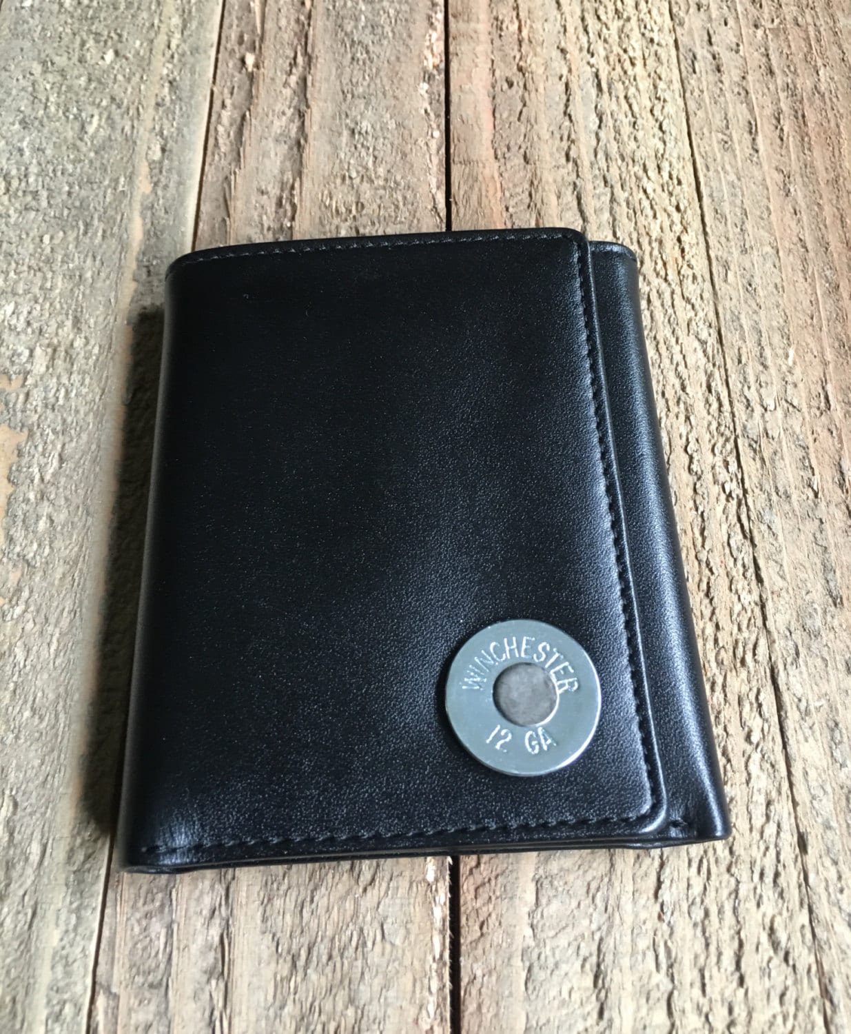 Mens genuine black leather trifold wallet with bullet head