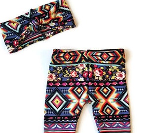 Baby girl leggings, girl headband and legging set, Aztec print baby clothes, turban headband set, knot headband, baby gift, trendy toddler
