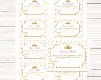 Pink Gold Princess Baby Shower Diaper Raffle Tickets, Princess Baby Shower Diaper Raffle Insert Card, Instant Download PDF Printable